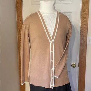 Talbots, Sz XS, Beige V-Neck Button Cardigan with White Trim